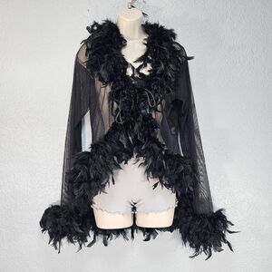 Vtg Frederick's of Hollywood Black Feather Trim Mesh Short Robe L/XL Boho Glam